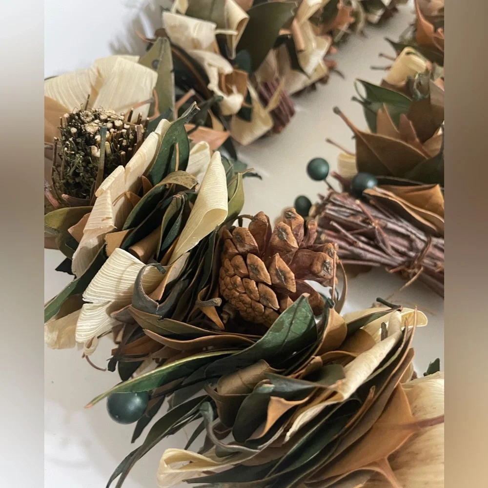 Fall Dried Leaves Pinecones Corn Husks Green Berries Garland 70” Cottage Farm